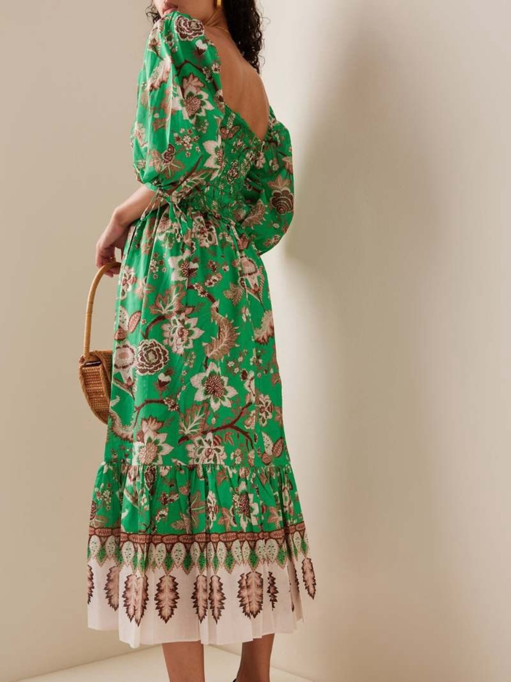 Cara Cara Jazzy Midi Dress Green Floral Smocked Puff Sleeve Cotton Cottagecore - Picture 2 of 16